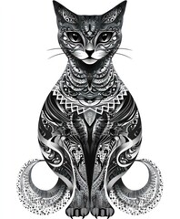 Canvas Print - A stylized black and white illustration of a cat with intricate patterns and designs.