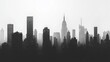 © Naru - A panoramic cityscape silhouette in black and white with tall skyscrapers and buildings against a foggy sky. It symbolizes urban life, modernization, aspiration, progress, and a sense of mystery.