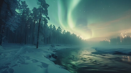 Wall Mural - aurora borealis over a snowy landscape