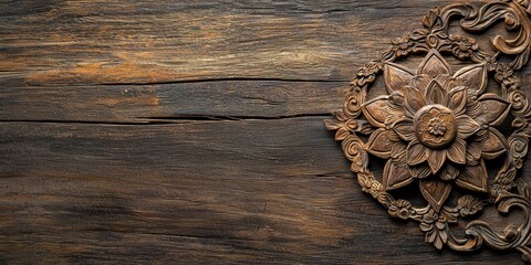 Poster - Intricate Carved Wooden Floral Design on Rustic Brown Wood Background