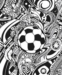 Canvas Print - A black and white abstract design featuring a soccer ball amidst swirling patterns.