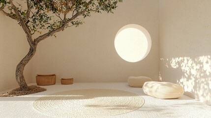 Canvas Print - Minimalist Zen Garden Interior Design with Tree  Round Window and Cushions