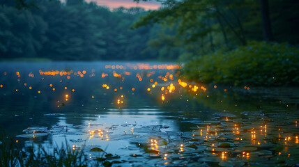 Wall Mural - fireflies dancing around a peaceful pond at twilight