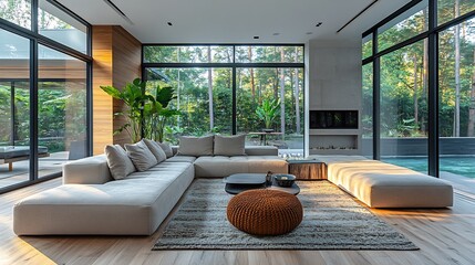 Canvas Print - modern living room stylish furniture large windows and a cozy atmosphere