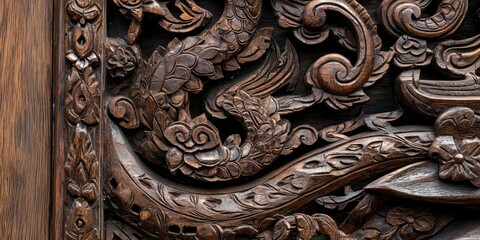 Wall Mural - Intricate Wooden Carving with Floral Motifs and Abstract Patterns