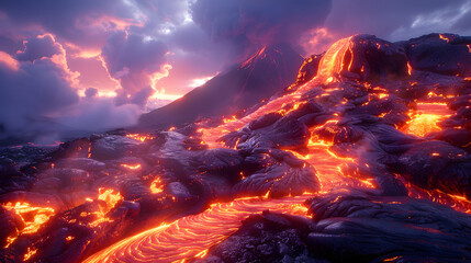 Wall Mural - lava flowing from a volcano at dusk