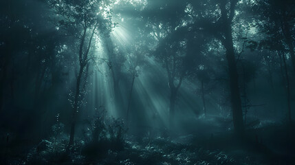 Wall Mural - glowing light beams breaking through a dense fog in a dark forest