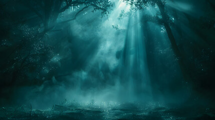 Wall Mural - glowing light beams breaking through a dense fog in a dark forest