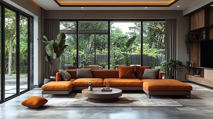 Canvas Print - modern living room stylish furniture large windows and a cozy atmosphere