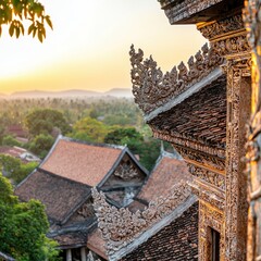 Wall Mural - Ornate Temple Roof at Sunset in Asia