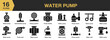 © spacepixel - Water Pump solid icon set. Includes piping system, pump handle, pump motor, seal, switch, and More. Solid icons vector collection.
