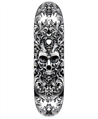 Wall Mural - A skateboard deck featuring intricate skull and floral designs in black and white.