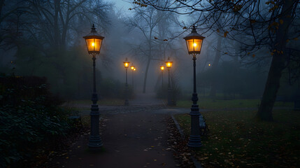 Wall Mural - glowing street lamps in a misty park at dawn