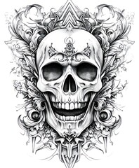 Wall Mural - A detailed skull illustration surrounded by intricate floral designs and patterns.