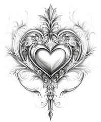 Poster - Ornate heart design with intricate floral details in a monochrome style.