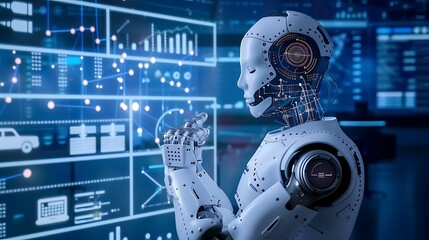 Wall Mural - humanoid robots interact with digital screen data visualization for the technology concept of artifi