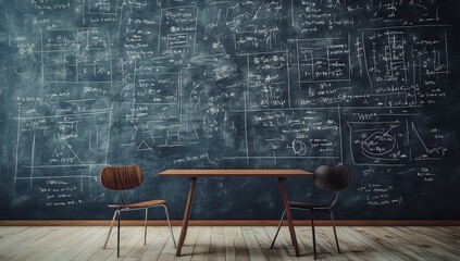 Two Chairs and a Table in a Room with a Chalkboard Covered in Equations