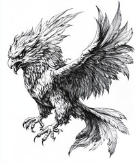 Canvas Print - A detailed illustration of a mythical creature resembling a griffin, showcasing intricate feathers.