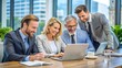 © Luckystation - Happy professional executive team people managing project at work. Busy business man manager leader showing financial results to female partner using laptop computer at corporate office meeting