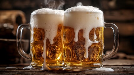 Wall Mural - Two beer mugs with froth in rustic cafe. Frothy beer background