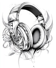 Wall Mural - A detailed illustration of headphones with artistic swirls and patterns.