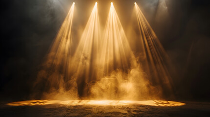 Wall Mural - golden spotlight illuminating a dark stage, soft beams spreading outwards