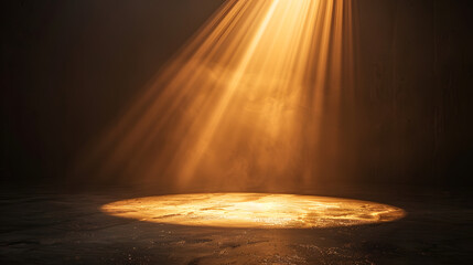 Wall Mural - golden spotlight illuminating a dark stage, soft beams spreading outwards