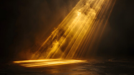 Wall Mural - golden spotlight illuminating a dark stage, soft beams spreading outwards