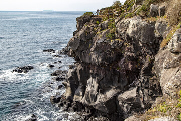 Wall Mural - High angle view of cliffs with volcanic rocks and wood fence against sea horizon at Jeju-si, Jeju-do, South Korea