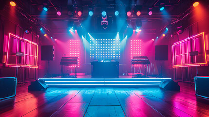 Wall Mural - Retro-style stage lighting, bold geometric shapes, bright neon colors
