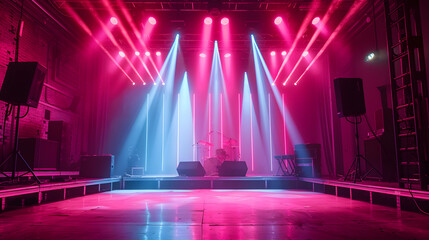 Retro-style stage lighting, bold geometric shapes, bright neon colors