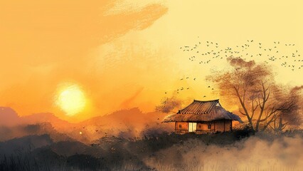 Serene sunset over a traditional Korean thatched-roof house nestled in the countryside.