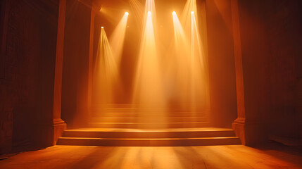 Wall Mural - Soft spotlight with diffuse shadows, minimal stage setup, warm golden tones