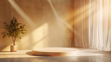 Wall Mural - Soft spotlight with diffuse shadows, minimal stage setup, warm golden tones