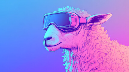 Generative ai illustration of futuristic sheep sports sleek vr glasses against a gradient blue to pink background creating a cyberpunk inspired look. Cyberpunk. Illustration