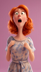 Poster - A cartoon character with curly red hair, wide eyes, and an open mouth, expressing surprise, terrified, scared or shock. The character has a youthful appearance. 3d style design on light background.