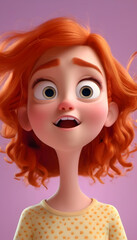 Poster - A cartoon character with curly red hair, wide eyes, and an open mouth, expressing surprise, terrified, scared or shock. The character has a youthful appearance. 3d style design on light background.