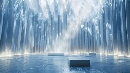 Wall Mural - Stage with cascading light effects, soft blue and white hues