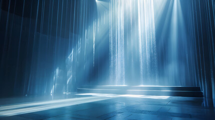 Wall Mural - Stage with cascading light effects, soft blue and white hues