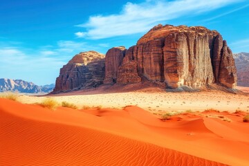 Orange red sand desert, rocky formations and mountains background, blue sky above - typical scenery in Wadi Rum, Jordan with generative ai