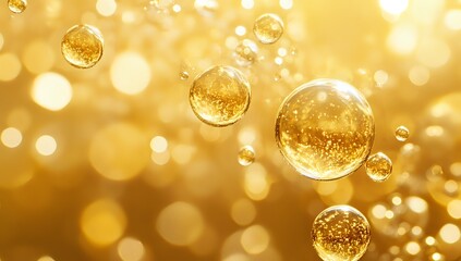 Golden Bubbles Floating in a Shimmering Liquid, Abstract Background with a Luxurious Feel