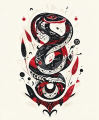 Wall Mural - A stylized snake illustration featuring intricate patterns in black, red, and white.