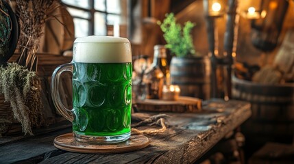 Wall Mural - Beer mug with green beer in cozy rustic cafe. Green beer background