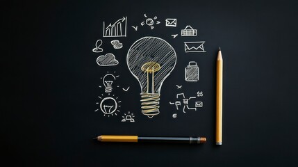 Wall Mural - a creative light bulb concept drawing with business ideas and charts on a black background, symboliz