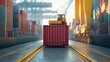 © nuengneng - A red shipping container being moved at a busy port facility, showcasing industrial machinery and organized cargo.