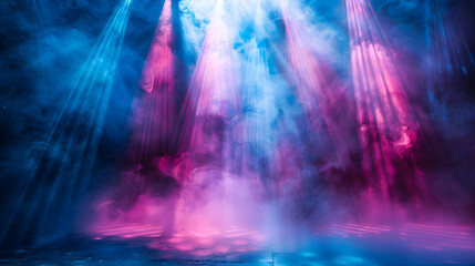 Wall Mural - Vivid beams of light cutting through mist on a concert stage