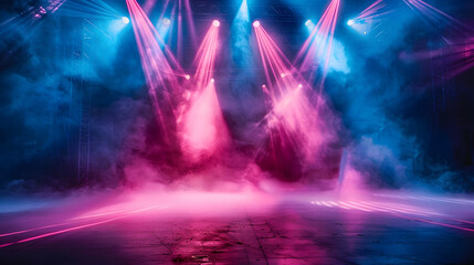 Wall Mural - Vivid beams of light cutting through mist on a concert stage