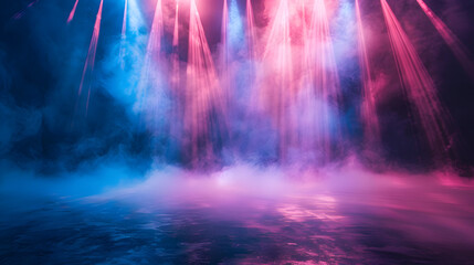 Wall Mural - Vivid beams of light cutting through mist on a concert stage