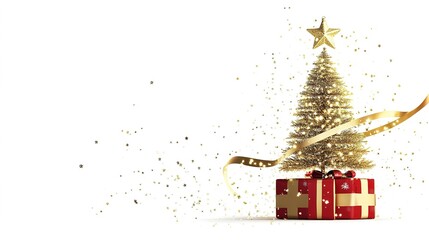 Wall Mural - Abstract Illustration of a Christmas Tree with a Gift Box and a Little Santa. Features a Unique Design with Golden Elements and a White Background for a Modern and Elegant Holiday Look.