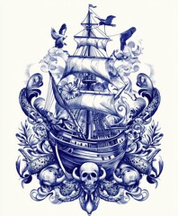 Canvas Print - A detailed illustration of a ship surrounded by decorative elements and sea creatures.